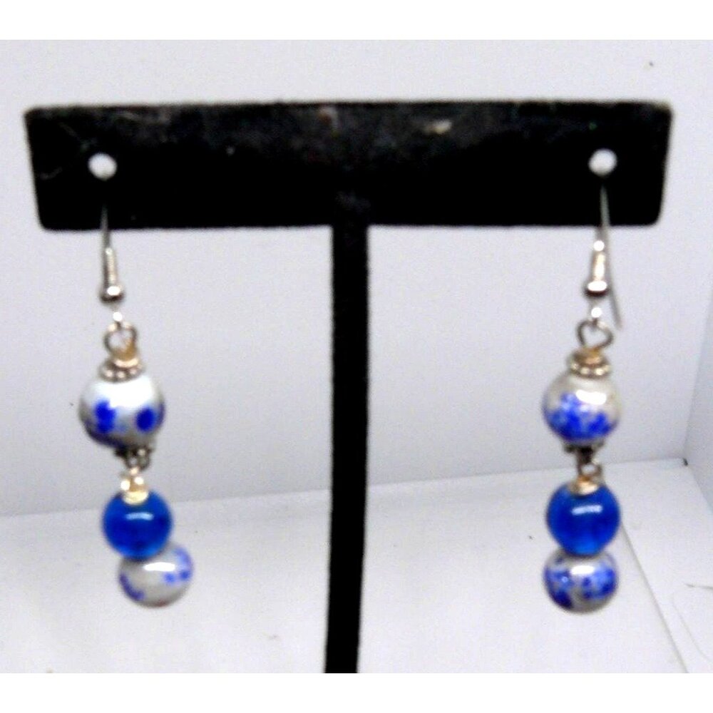 Vintage Blue & Opalescent White Art Glass Beaded Dangle Silver Tone Earrings 2"